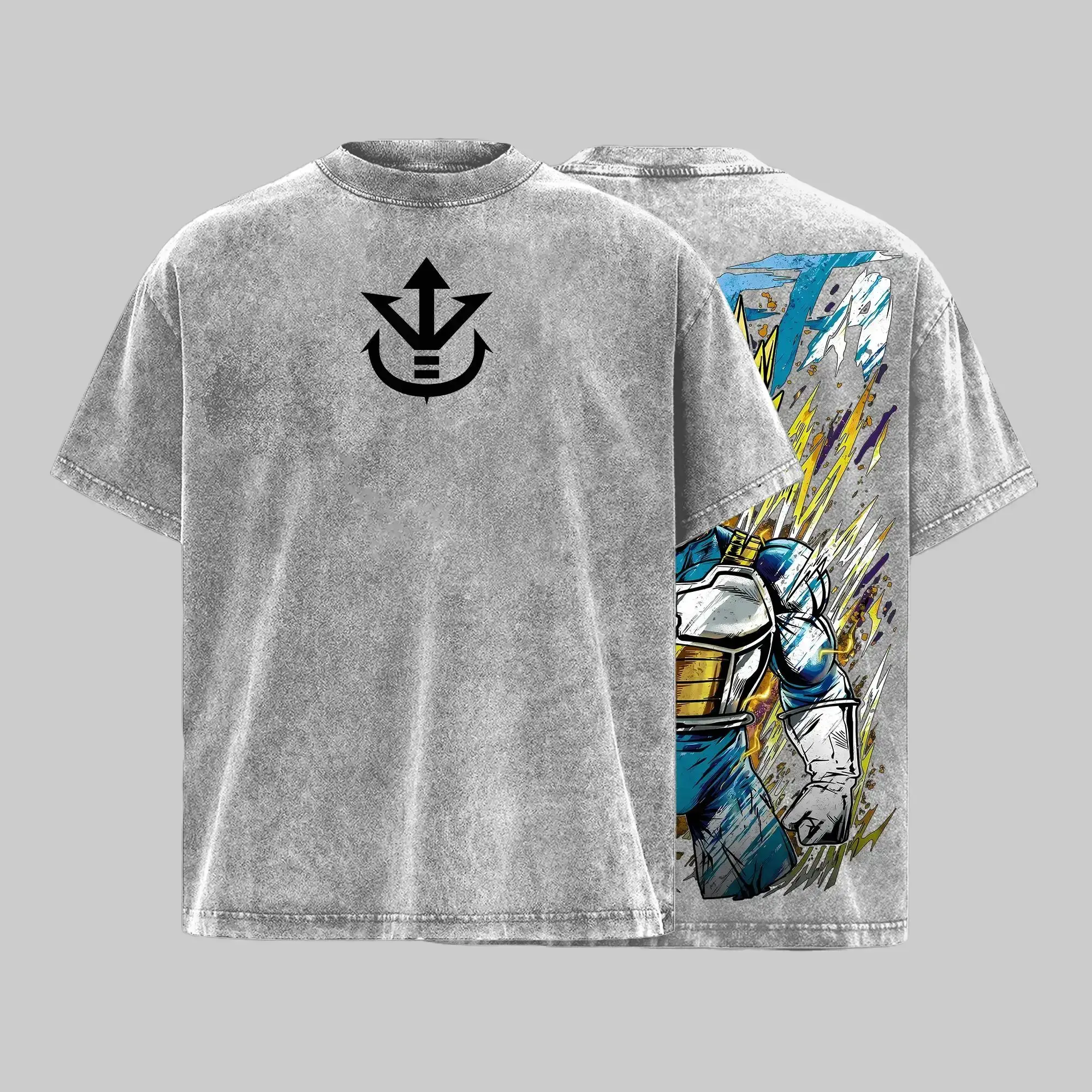 Men's Oversized Unisex Casual Round Neck Short-Sleeve Cotton Tee - Washed Heavy Fabric, Golden Saiyan Warrior Anime Head Graphic Back Design, Streetwear Anime Fighter Top, Anime Head Graphic Men's Short-Sleeve T-Shirts