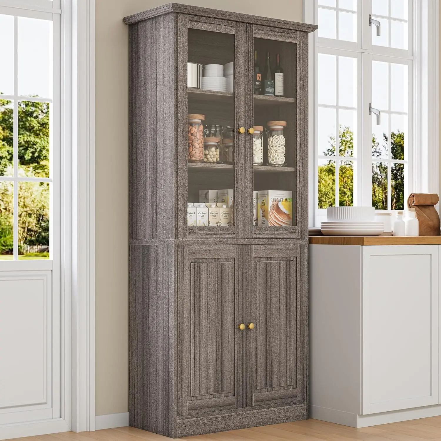 71" Grey Modern Freestanding Kitchen Cabinet, Glass-Wooden Door Pantry with Adjustable Shelves, Durable Coffee Bar Storage for Dining Room, Assembly Required, Kitchen Storage Solutions, Pantry Organization