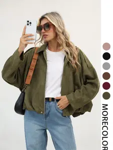 New Spring Fall Trendy Military Army Short Jacket Coat, Suede Velvet Loose Fit Women's Casual Outerwear, Stylish Plain Design