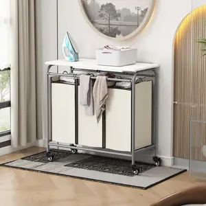 Laundry Basket 3 Bag Sorter Heavy Duty Rolling Lockable Wheels Laundry Hamper Cart with Ironing Board and Removable Bags, White