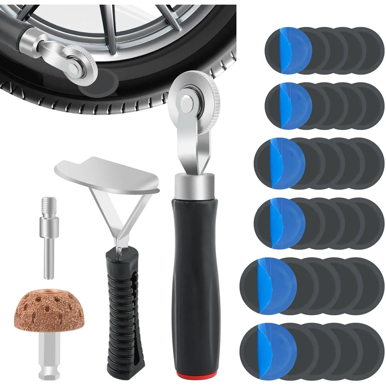 33Pcs Tire Repair Patch Tools Tire Patch Kit, Tires Patchs Roller Kit, Tires Repair Tool for Car Grinding, Repairs Buffing Wheel/Inner Liner Scraper/30PCS Wheel Patche(32/45/ 55mm)