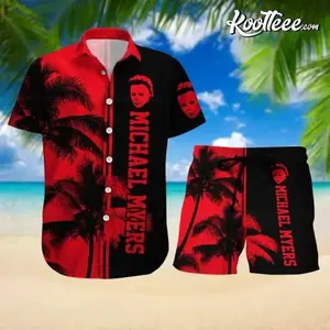 Full Print Michael Myers Horror Summer Hawaiian Set Shirt Short, Black Red Palm Tree Hawaiian Shirts Shorts, Casual Summer Hawaiian Shirt Short Set, Gift for Men Women, Casual Bikini Set, Summer Vibe, Perfect for Beach Outdoor Activities