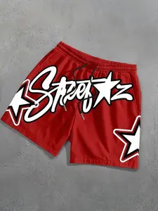 Men's Red Graffiti Star Print Drawstring Athletic Shorts, Casual Summer Shorts, Suitable For Streetwear And Daily Casual Outfits, Drawstring Track Shorts