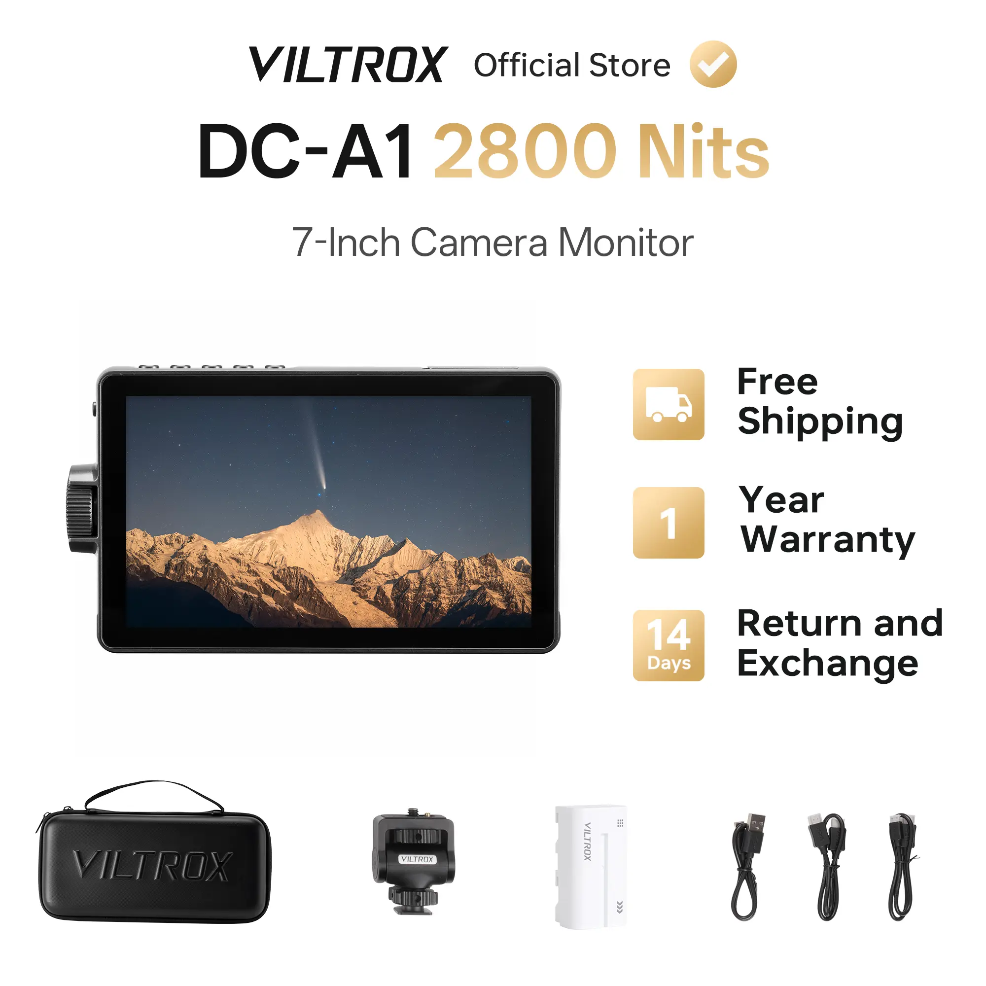 Viltrox DC-A1 7-Inch 2800 Nits Portable Camera Monitor with Sunhood, Battery, 1/4"-Screw Holes, Ultra-Silent Fan, Built-In Temperature Sensor, 1000:1 Contrast, 170° Viewing Angle, 1920x1080 Resolution, Full-SRGB Color for Photographers & Photography, Ips