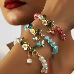 6PCS Vintage Women Glass Flower Beaded Bracelet Set, Elegant Women Colorful Charm Flower Beads Adjustable Bracelet, Exquisite Women's Handmade Glass Flower Random Colorful Beads Chain Bracelet Set Jewelry
