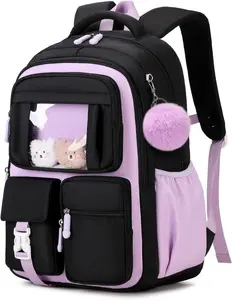 Backpack for s School Bags for Middle School Students Book Bag for Elementary Primary School Kawaii Ita Backpack, Black and Purple