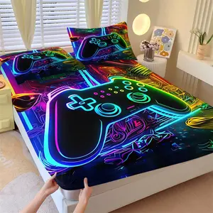 3Pcs Neon Game Controller Fitted Sheet Set, Gamer Bed Sheet Set, Cool Colorful Gaming Bedding Set No Fillers, Soft Breathable Deep Pocket Mattress Cover with Pillowcases for Teen Boys Bedroom, Dorm, Game Room