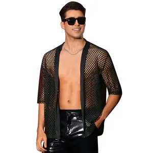 INSPIRE CHIC Men's Mesh Fishnet Cardigan Sheer Open Front Shirts 3/4 Sleeve See Through Kimono Shirt