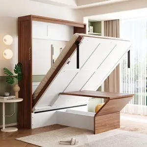 Full Size Murphy Bed with Foldable Desk – Space Saving Wall Bed - Walnut & White