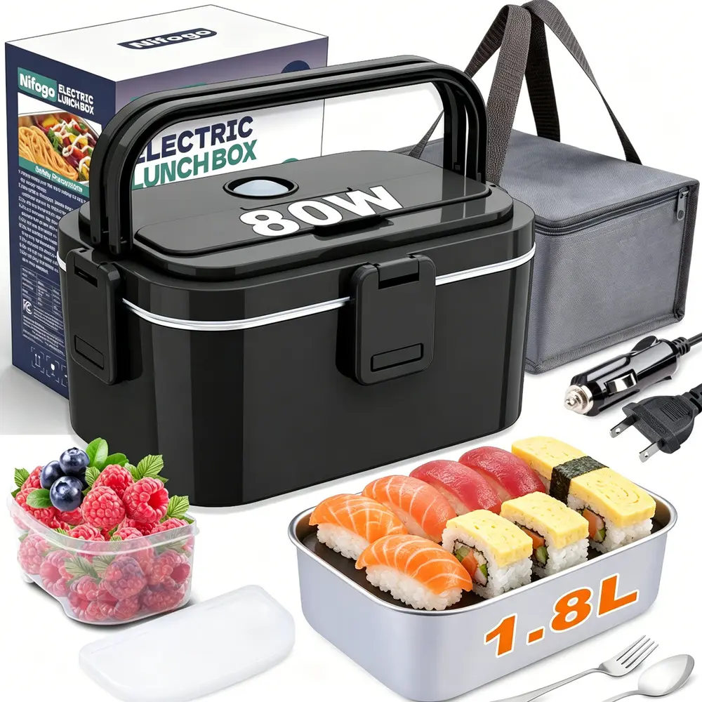 Portable Insulated Electric Heated Lunch Box Set - 80W Steel Food Warmer with 1.8L Capacity for Truck Drivers, Workplace Use