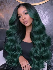 Dark Green Ombre Body Wave Lace Front Wig 13x4 HD Transparent Lace 28" Heat-Resistant Synthetic Hair Pre-Plucked Natural Hairline Hyperrealism Wig for Women Party & Daily Wear Natural Looking Wigs