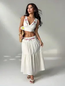 Women's Embroidered V-Neck Sleeveless Top, High Waist A-Line Skirt Two-Piece Set, Summer Fashion, Casual Vacation Wear