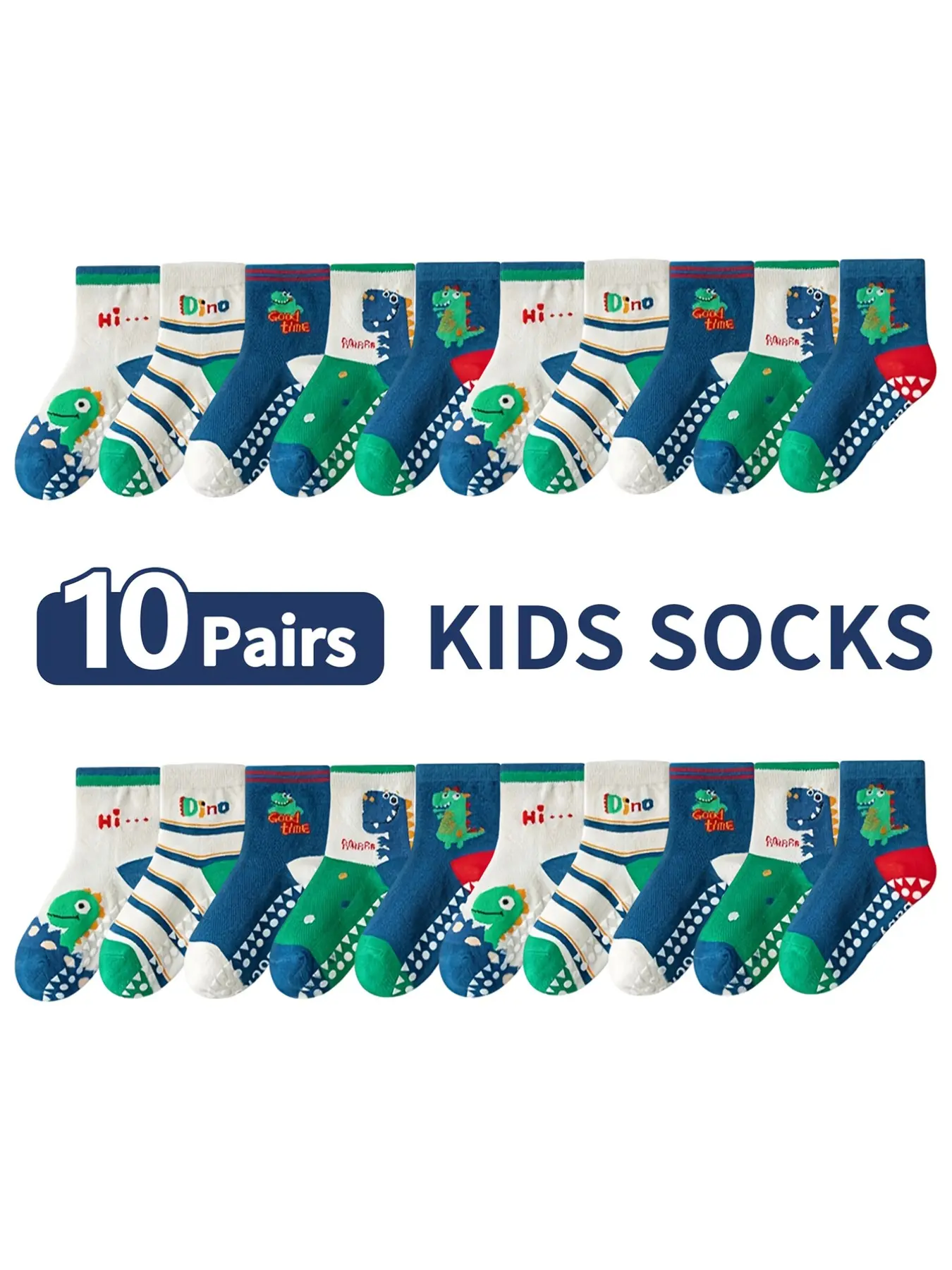 10 Pairs Cartoon Animal Dinosaur Floor Socks for Kids, Soft Non-Slip Indoor Socks, Letter Stripe Design, Unisex Baby Socks for Daily Use, Fun, Cute Socks