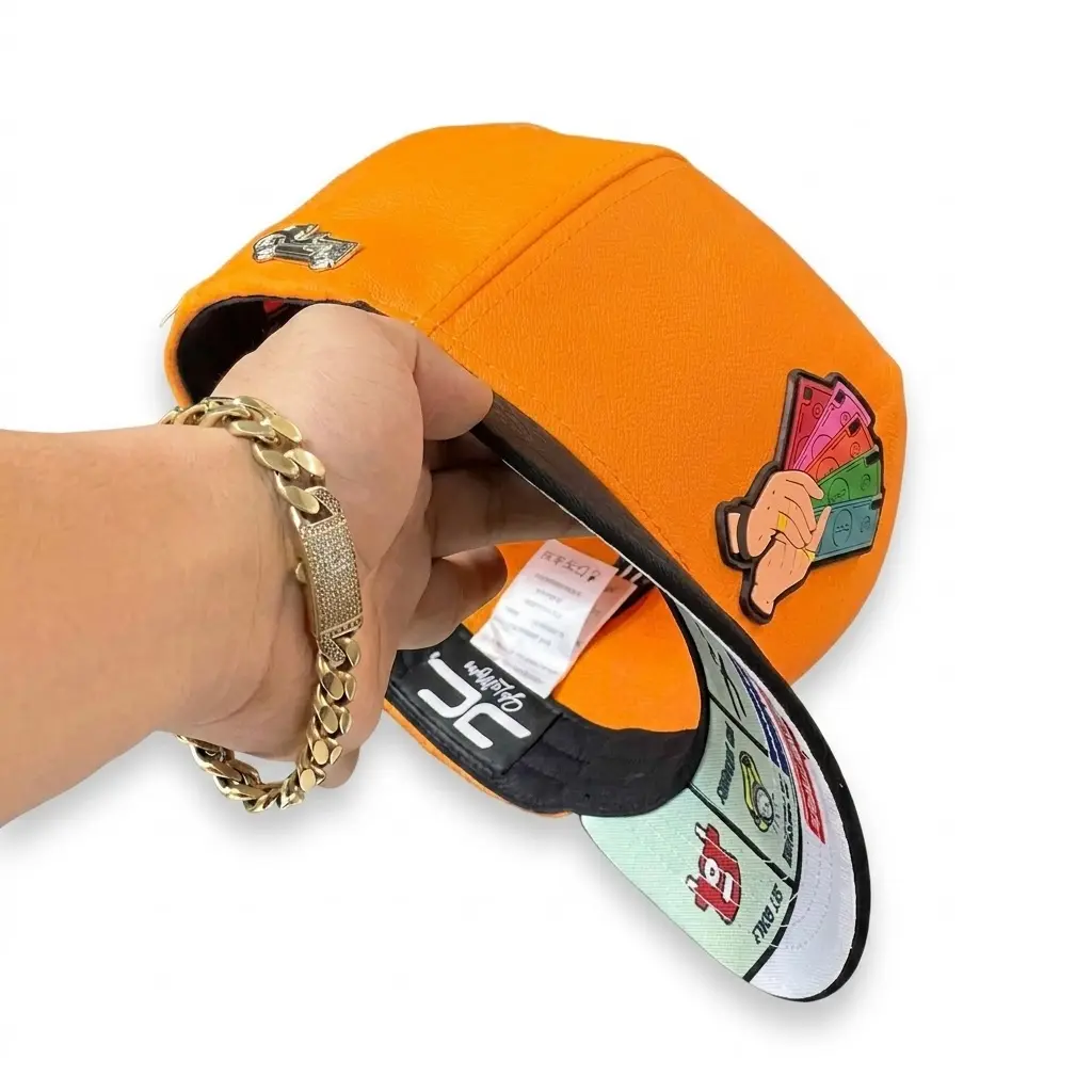 Streetwear Orange Leather Snapback Hat | Money Graphic Hip Hop Cap for Men & Women