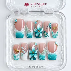 Younique Nails 2025 | RY Studio | Azure Bloom | 10PCS 100% Handmade Press-On Nails | Reusable Colorful Art