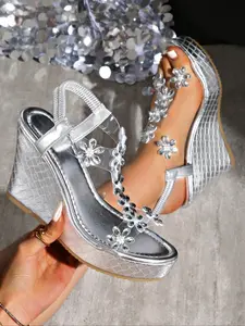 Women's Silver Color Woven Wedge Sandals with Rhinestone Flowers, Luxurious Sparkle Classy Elegant Stylish Fashion Summer Outdoor Shoes, Easy Match Party Wear