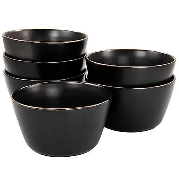 ELAMA Paul 6-Piece Stoneware Bowl Set in Matte Black with Gold Rim