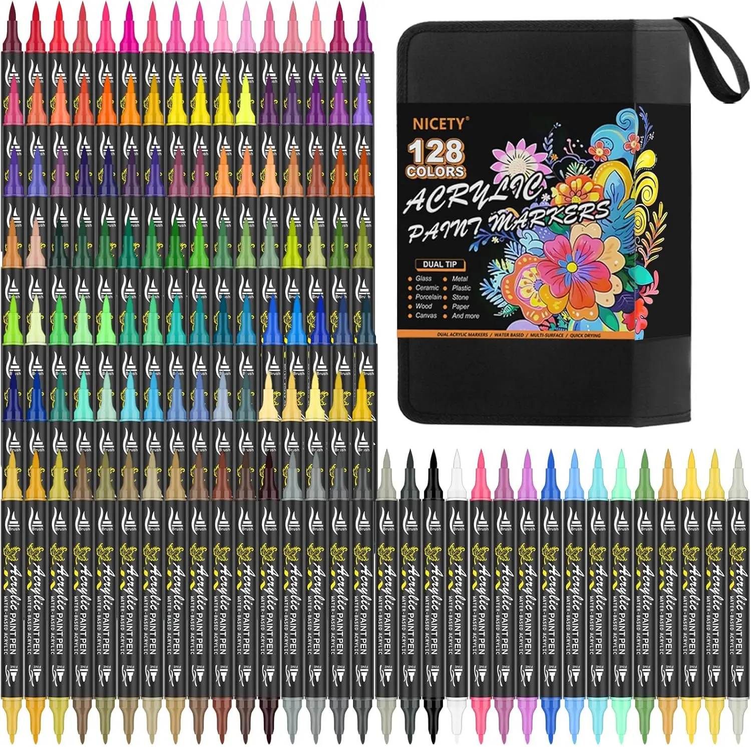 NICETY Dual-Tip Acrylic Markers, 128/60 Colors Water-Based Brush & Fine Tip Paint Pens for Rock Painting, Wood - Office Stationery Writing Tools