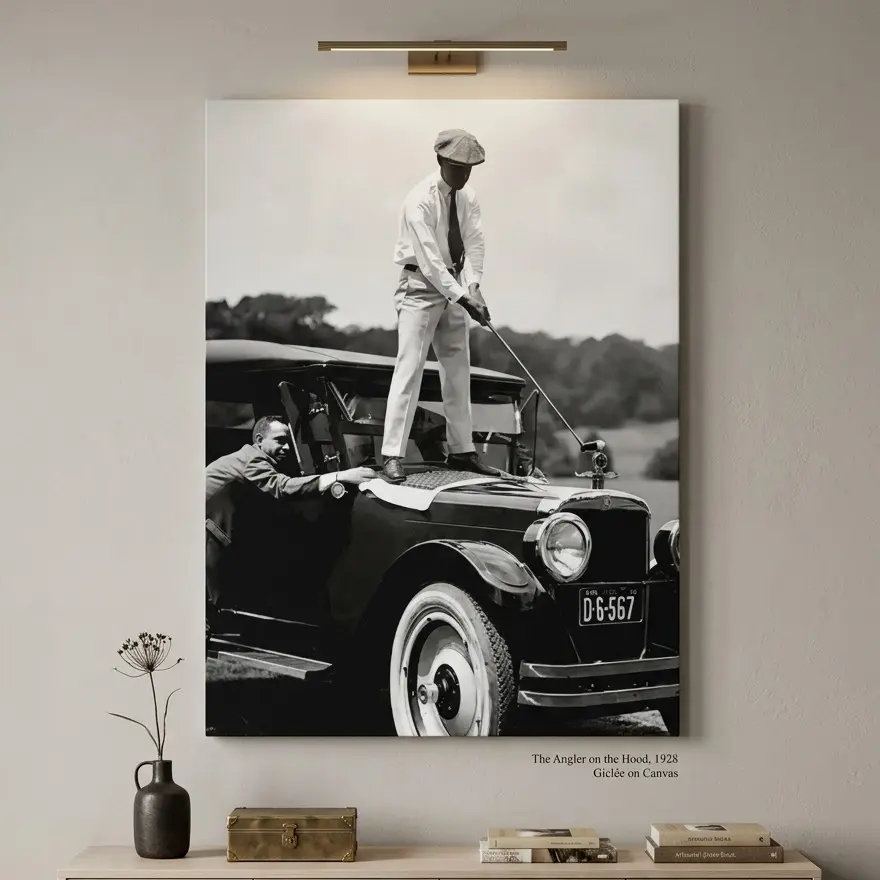 Retro Black-White Artistic Golf Wall Art Poster - Surreal Gentleman on Classic Car Print, Abstract Gold Ink Splash Mural, Time Is Money Quote Print, Decor for Living Room, Personalized Photo Gift Option