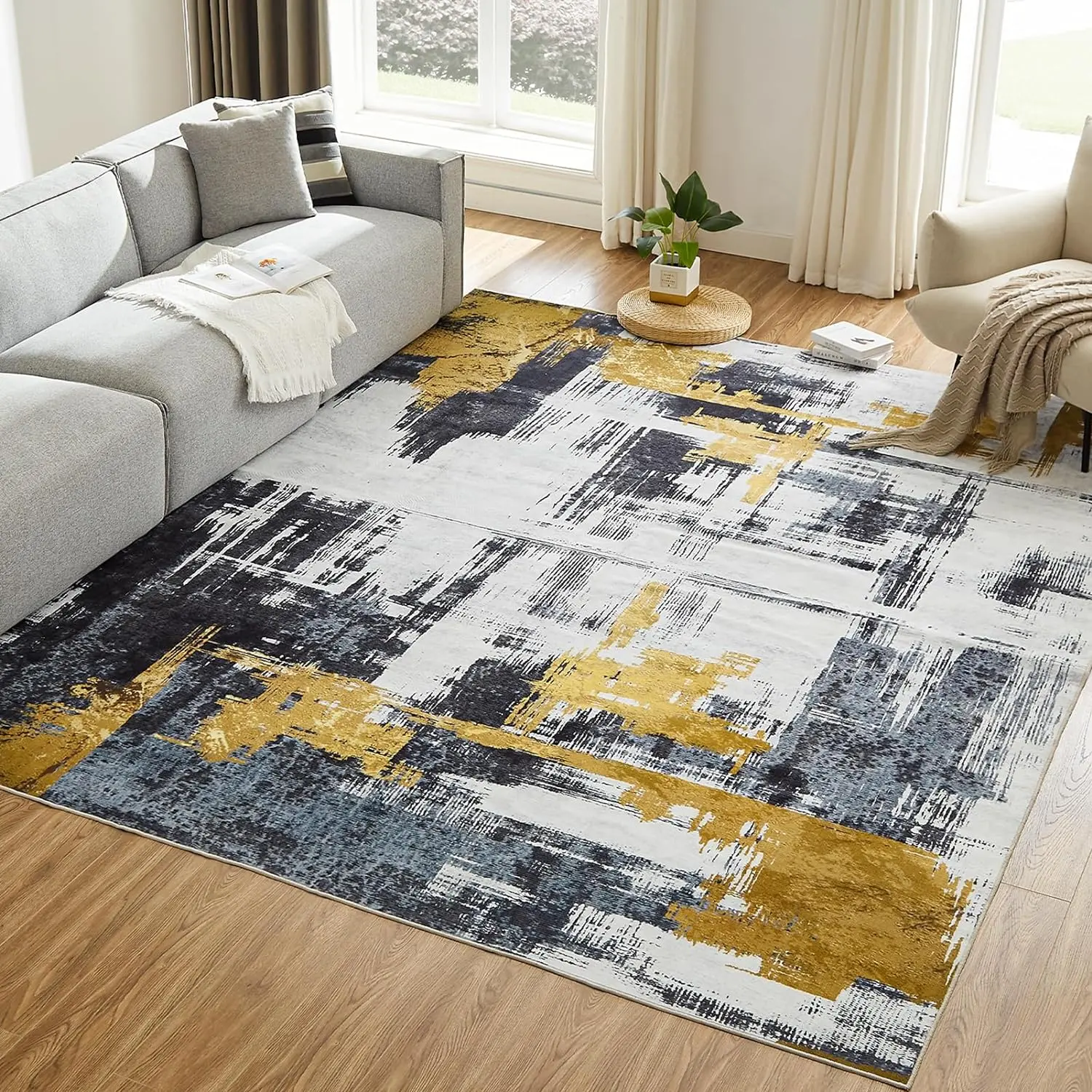 Orhopui Abstract Washable Rug - Machine Washable, Non-Slip, Soft Carpet for Living Room, Bedroom, Kitchen & Dining Room - Black Floral Design