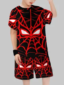 Spider-Man Surprise Full Print Boy Set, Cartoon Pattern, Casual Fitted Crop Top, Shorts, Spider Web Details, Trendy Kids Clothing