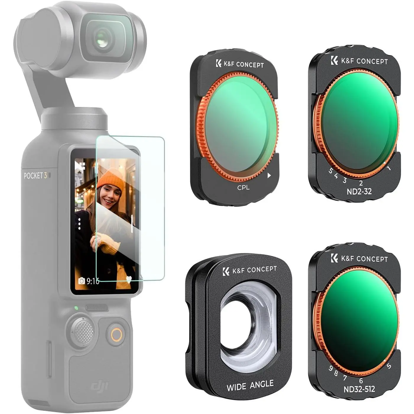 K&F Concept 4-Piece Camera Accessories Kit for DJI Osmo Pocket 3/XTRA/Pocket 4 - HD Optical Glass Wide Angle, ND2-32, ND32-512 Neutral Density, and CPL Polarizing Lenses