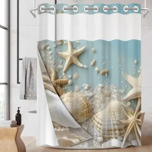 1pc 2D Flat Printing hookless shower curtain hanger liner Seaside Style Shells and Starfish Fabric waterproof lining shower curtain with transparent window, double-layer shower curtain, 71 x 74 inches, modern home curtain decoration