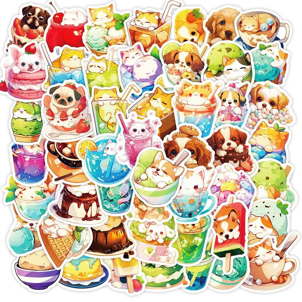 Cute Cat & Dog Food Series Sticker, 50pcs/set Waterproof Decorative Sticker, DIY Creative Sticker for Phone Case, Laptop, Notebook, Helmet, Skateboard