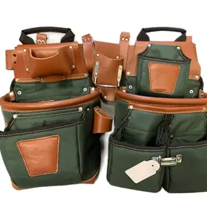 Framer Leather Tool Belt Made with Nylon Heavy-Duty Construction Pouches with Brass Hardware & Green Canvas Accents