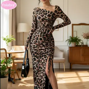Chic Leopard Print Long Sleeve Dress Slim Fit Drawstring Design Hip Wrapping Style Soft Stretchy Fabric Fashionable Alluring Figure Flattering Eye-Catching Party Wear Club Outfit Stylish Women Clothing