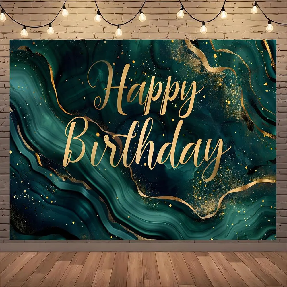 1pc 2D Flat Emerald Green & Golden Glitter Happy Birthday Polyester Backdrop, Versatile Photography Background for Adults, 30th to 70th Celebration Party Decor Essential