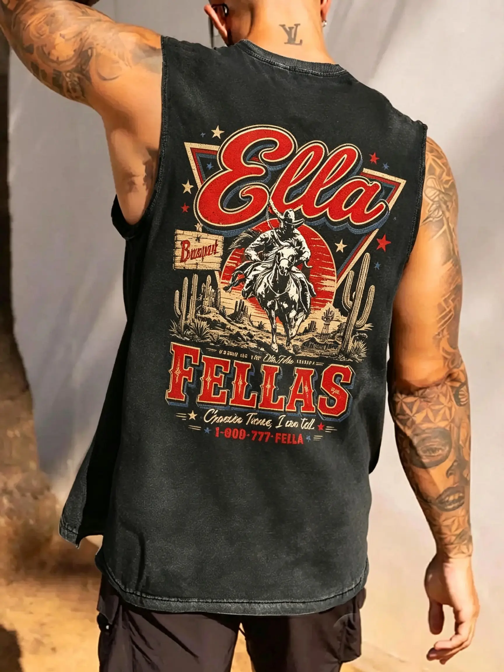 Western Cowboy Ella Fellas Double-Sided Print Tank Top | Unisex Oversized Texas Desert Retro Vest | Country Music Inspired Casual Streetwear Sleeveless Top for Men Women Vintage Breathable Loose Distressed Cotton