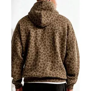 Y2K Leopard Print Hoodie, Oversized Cheetah Sports Shirt, Retro Casual Long Sleeved Pullover With Pockets Menswear Polyester Sweatshirts Textured compression shirts Khaki Tops Cotton Wetsuit workout tops