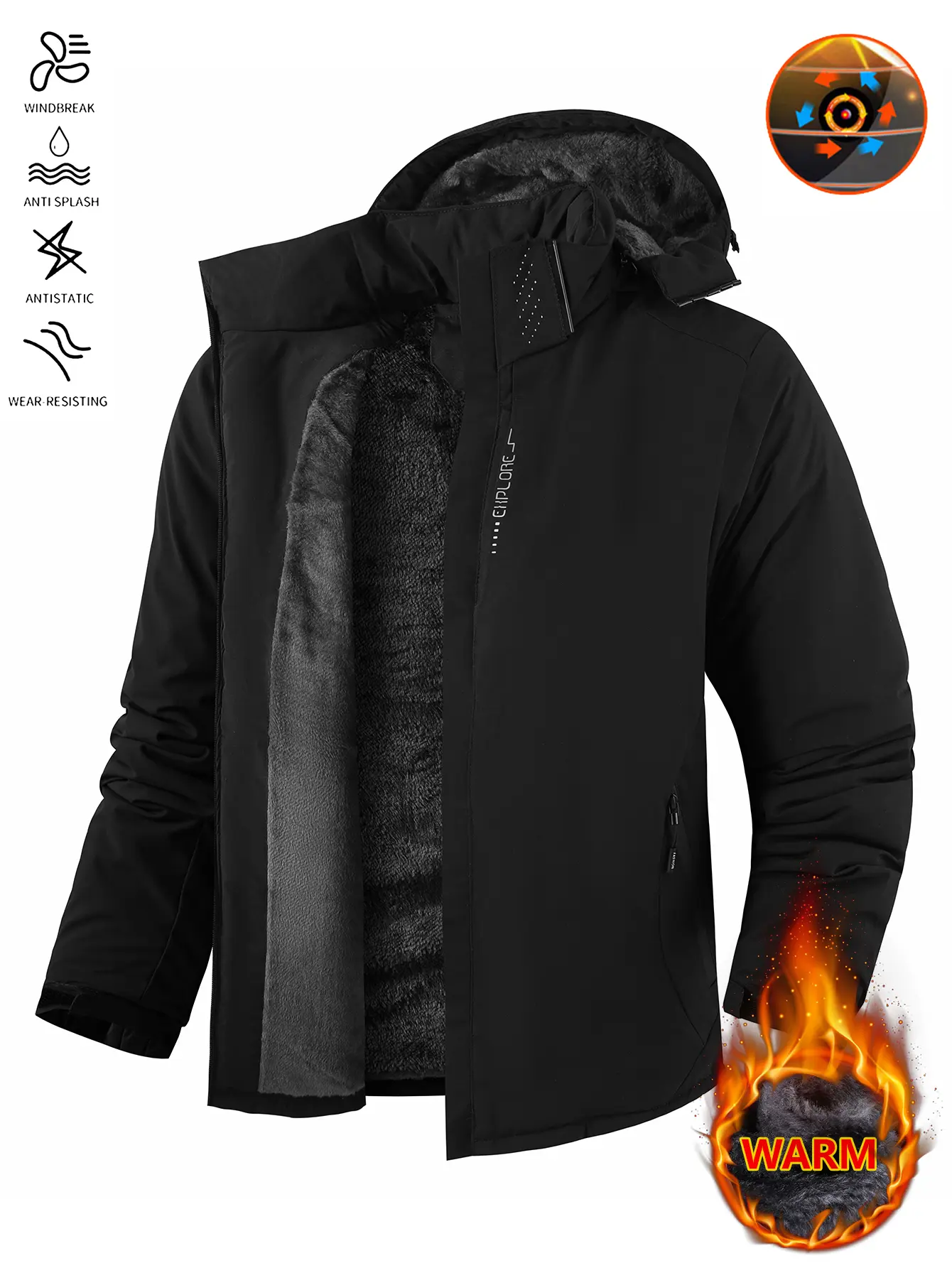 Men's Heavyweight Waterproof Hooded Ski Jacket with Lambswool Lining - Athletic Coat for Winter Camping, Hiking, Jackets