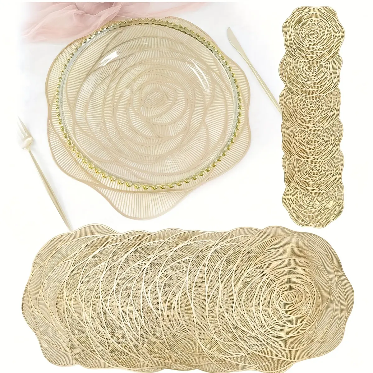 PVC Placemats & Coasters Set, 12pcs, Plastic Placemats, Kitchen Decorative Placemat, Washable, Non-Slip, Heat-Resistant, Ideal for Weddings, Parties, Festivals