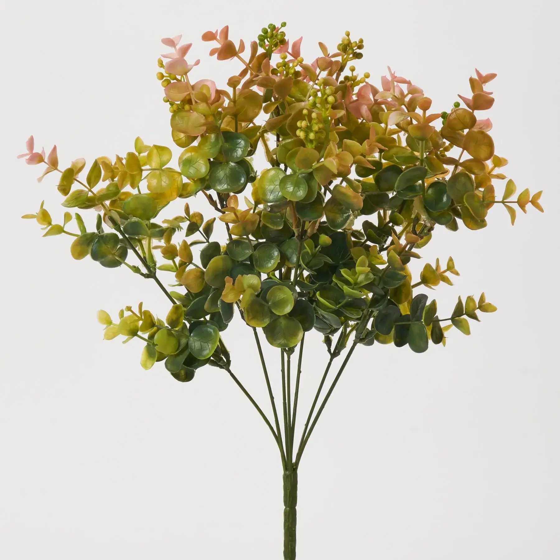 Synthetic Mixed Green & Pink Seeding Eucalyptus Bush Stem Bouquet - 15in Home Decor Plants for Botanical Aesthetic