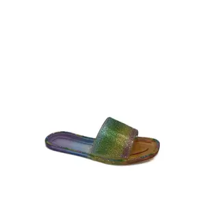 Women's Flat Open Toe Slip-on Sandals, PVC Upper and Sole, Wide Sparkling Rhinestone Strap, Pillow Cloud Comfort, Unique Arch Support, Casual Stylish Summer Walking Shoes, ds-56