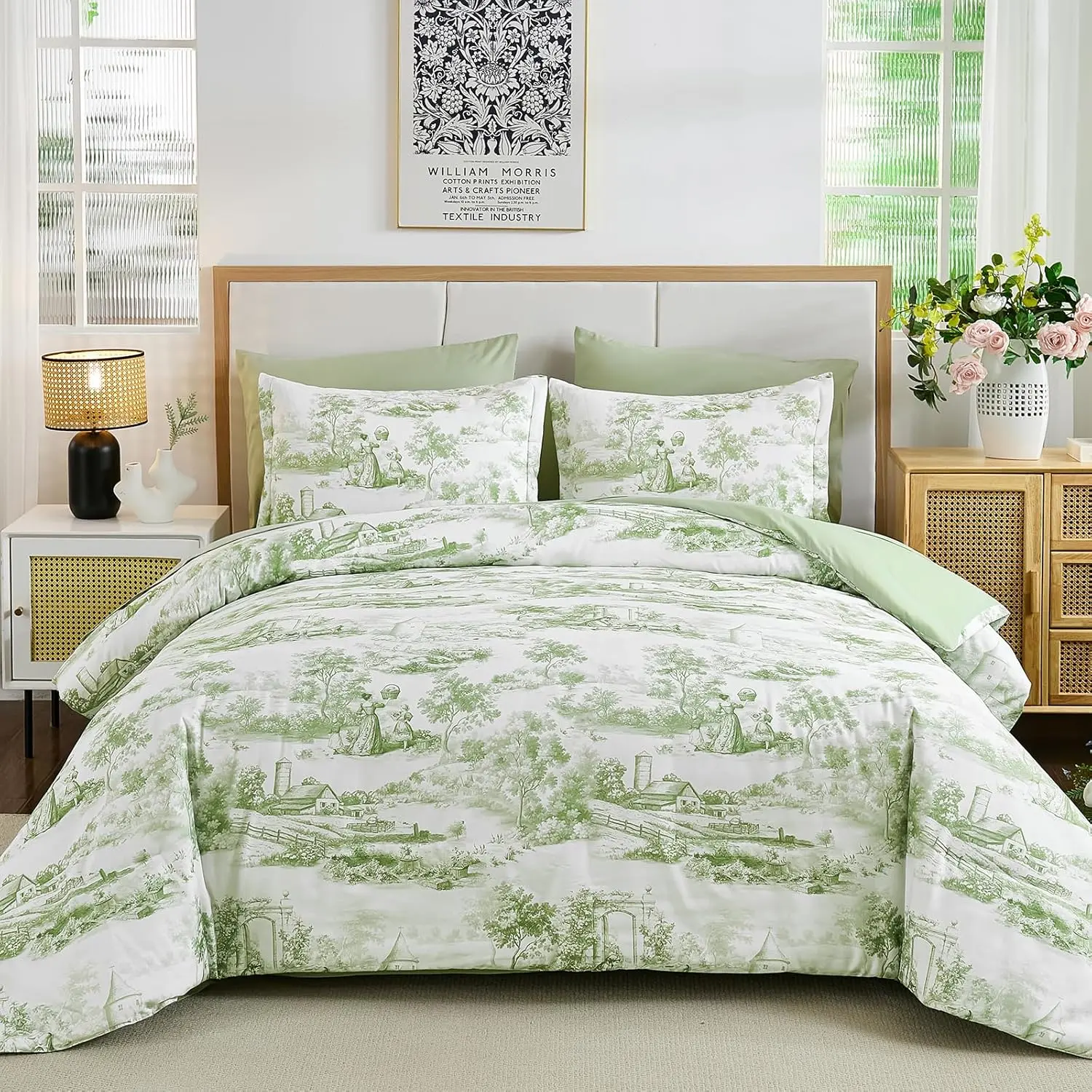 Green Comforter Set Queen, 7 Pieces Bed in a Bag Sage Green Comforters with Sheets, Vintage Botanical Print Bed Sets, Soft Lightweight Microfiber Complete Bedding Set for All Season