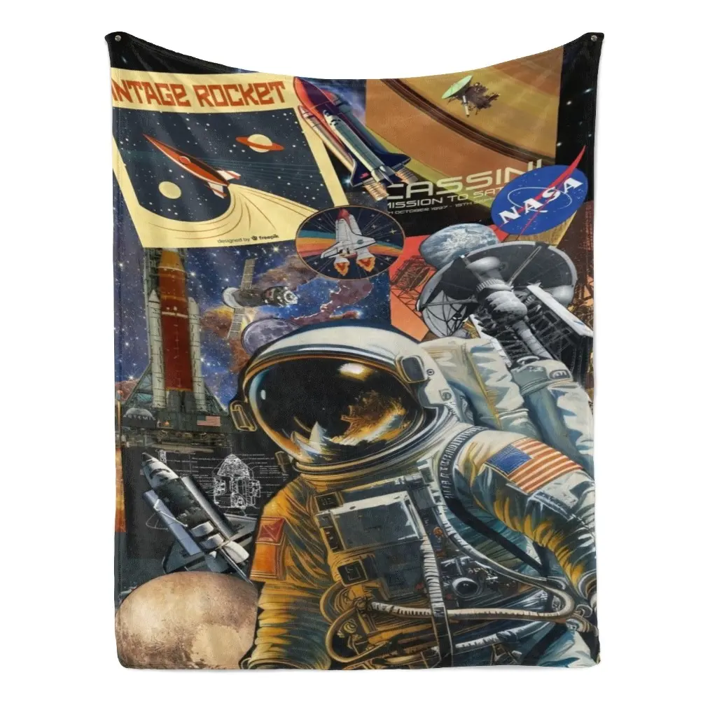 Vintage Space Collage Flannel Blanket - 90s Retro, Cosmic, Cozy Spacer Blanket for Astronomy Lovers, Astronaut-Rocket-Galaxy Print, Kids-Adult Throw, Retro Sci-Fi Room Decor Gift, 90S Retro Blankets, Cosmic Blankets