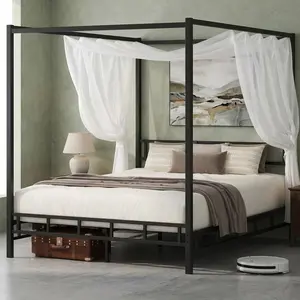 Full Queen Black Canopy Bed Frame Heavy Duty Metal Platform Bed Frame With Strong Slats Noise Free Mattress Base Easy Install Home Bedroom Decor Furniture
