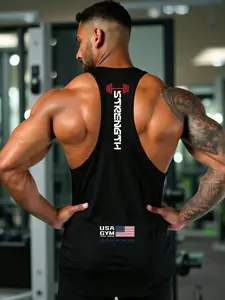 Men's Gym Muscle Tank Top, Sleeveless Gym Tops, Y-Back Stringer Sleeveless T-Shirt with Strength & USA Gym Print, Breathable Fabric, Athletic Athleisure Tank for Workout, Running, Casual Daily Wear