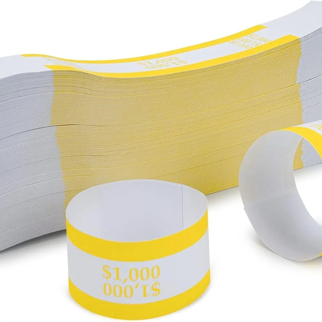 Adhesive Self-Sealing Currency Bands, 500-Piece Pack Yellow $1000 Denomination Money Bill Wrappers for Wrapping and Securing Money Bills, Easy-Use Office Stationery
