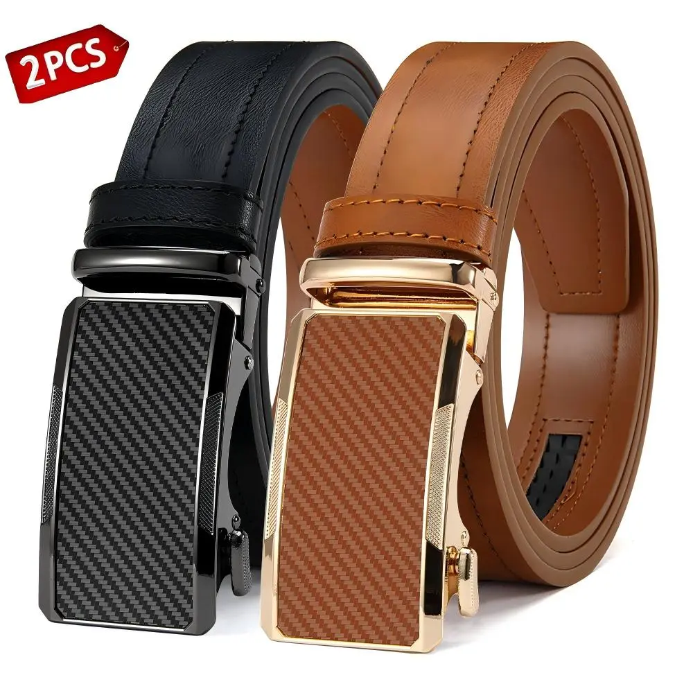 Men’s 2-Pack Leather Belts with Automatic Adjustable Buckles, Gunmetal Gray & Gold Finishes, Durable for Versatile Occasions, Ideal Valentine’s Day & Father’s Day Gift