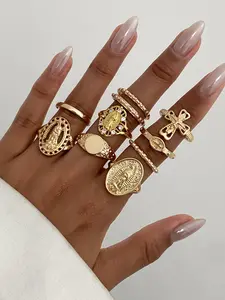 7 Pcs Gold/silver Color Zircon Heart Virgin Mary Ring Set, Y2K Style Stackable Women's Bold Rings, Fashion Jewelry Gift