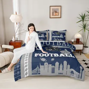 Football Bedding Set,Dallas Comforter Set,Football Gifts for Football Fans Football City Comforter,Rugby Sports Gray Dark Blue Duvet Set