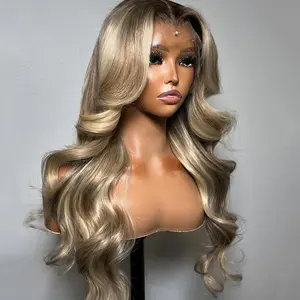 Ash Blonde Highlight Colored  Brown Root Body Wave Transparent Lace Front Wigs Human Hair Lace Frontal Wigs Pre Plucked For Women
