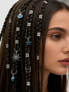 Summer Ocean Style Starfish Shell Cornrow Hair Clips Set, 45 Pieces Hip Hop Braiding Rings, Music Festival Fashion Accessories