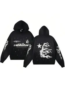 Hell Star Pattern Street Style Loose Zip Hoodie, Unisex Casual Long Sleeve Sweatshirt, Sporty Warm Version, Men and Women