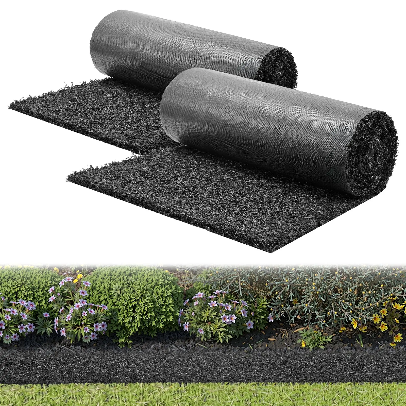 VEVOR 2 Rolls Recycled Rubber Mulch Pathway Mat, 96x24in (2440x610x13mm) 0.5in Thick Easy-to-Cut Double Layer Weed Blocker, 45.8lbs, Weed Growth Reduction, Natural-Looking, Excellent Drainage for Landscaping