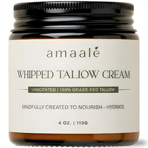 100% Grass-Fed Whipped Tallow (Unscented) - Halal-Certified Beef Tallow for Skin with Organic Raw Honey, Olive Oil & Vitamin E - Natural Face & Body Moisturizer for All Skin Types, 4 oz moisturizing cream